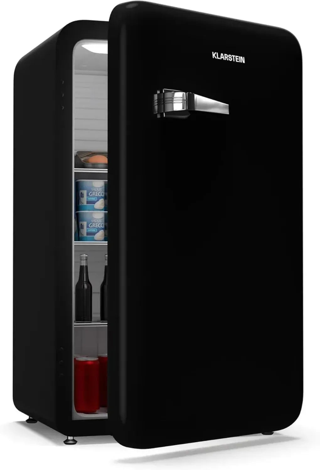Retro-Kühlschrank Schwarz, 112L, Geräuscharm 40 dB, Energieeffizient, Einstellbarer Thermostat 0-10 °C