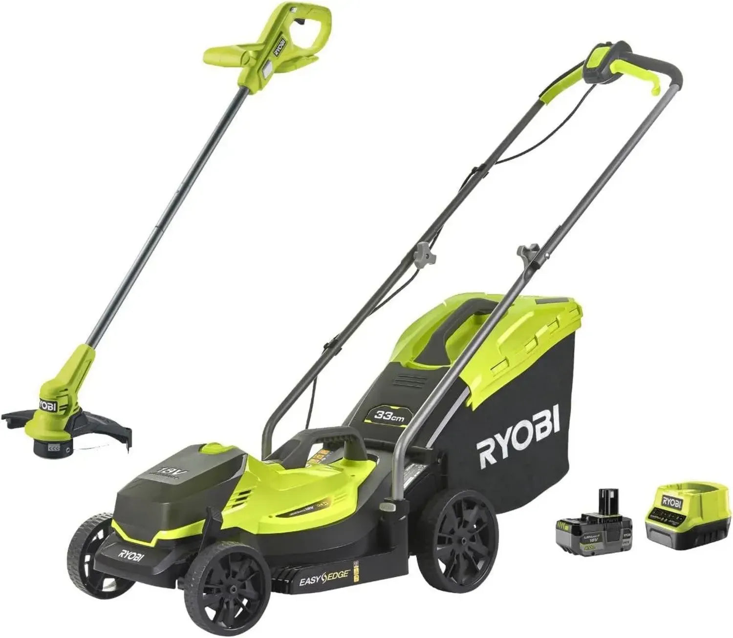 RYOBI 18V Akku-Rasenmäher Set mit Trimmer und 4Ah Akku, Mulchfunktion, 35L Fangkorb