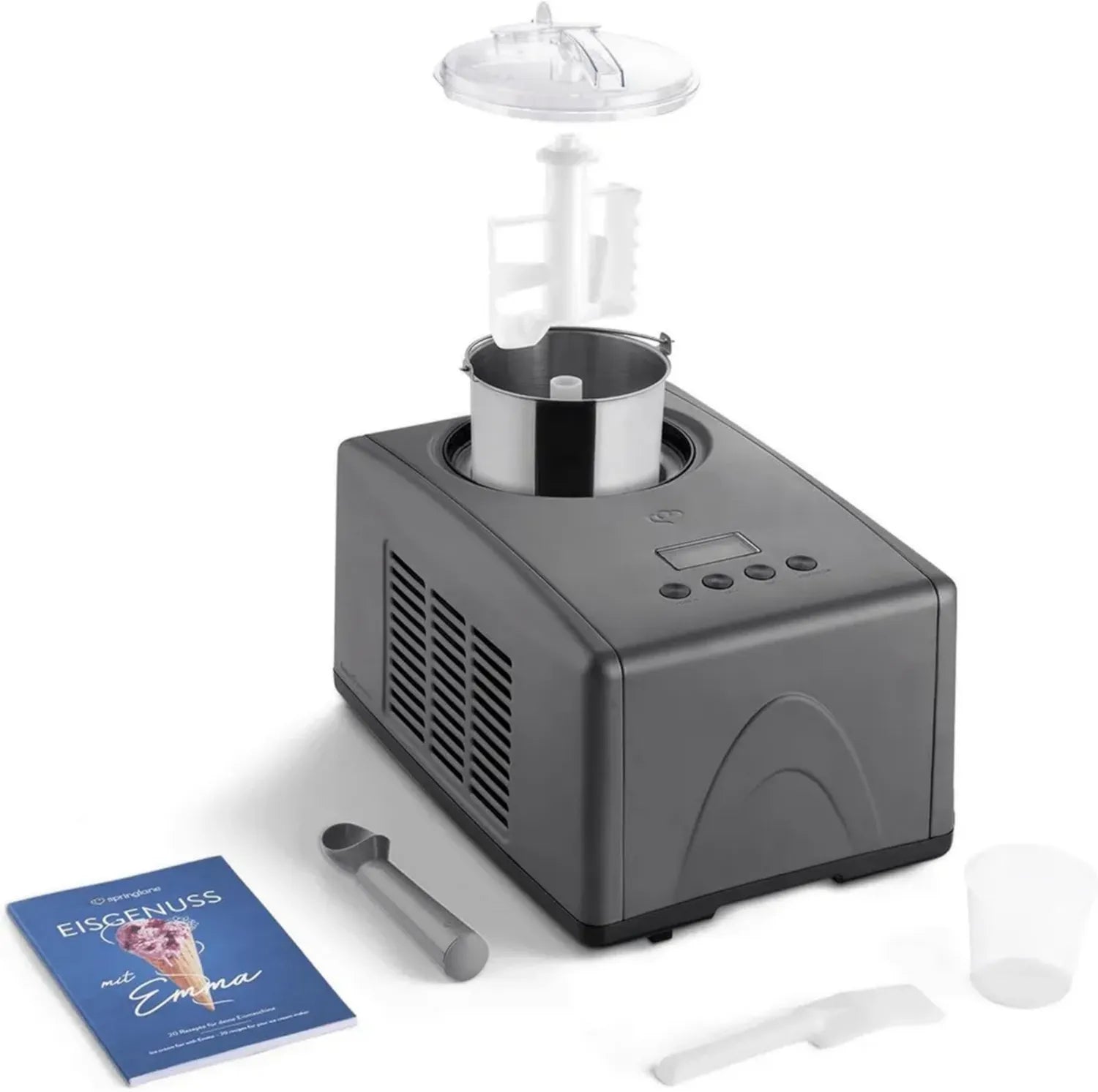 SPRINGLANE Eismaschine Emma 1,5 L – Selbstkühlend, Edelstahl, 150 W, Herausnehmbarer Behälter, Rezeptheft, Anthrazit
